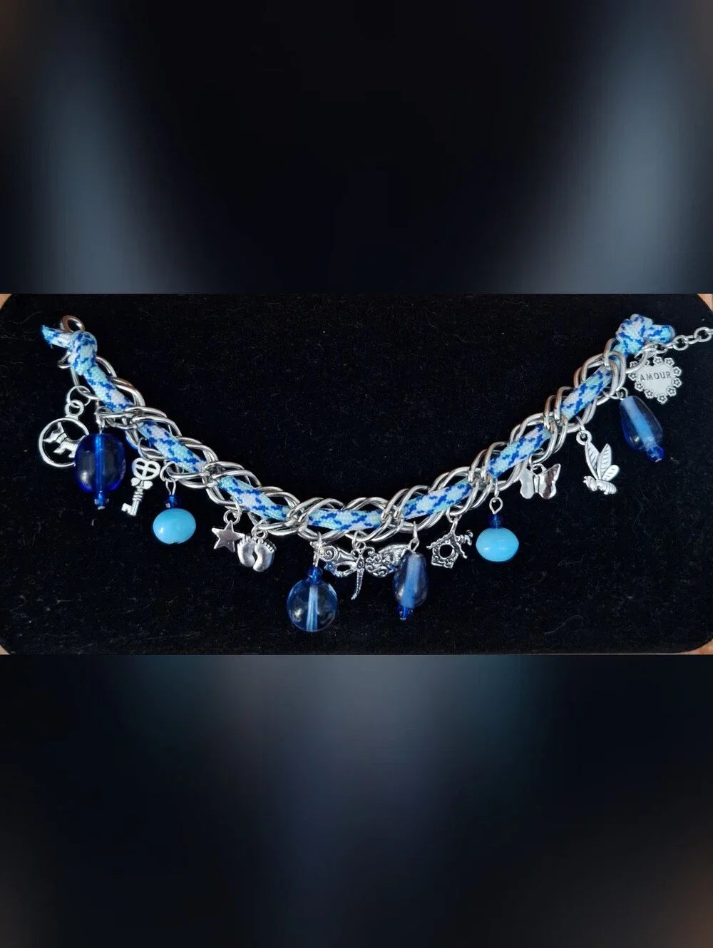 Silver Chain Charm Bracelet with Blue Glass Beads